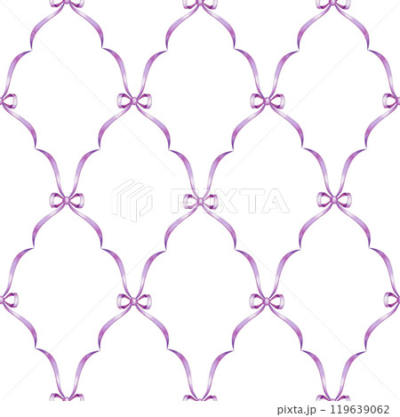 Elegant satin ribbon seamless pattern element. Vintage style painted illustration. Hand drawn delicate lavender color endless ornament design element for printing, textile, fabric 119639062