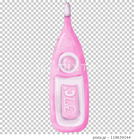 Hand drawn watercolor illustration of a pink medical thermometer for use as illustration. 119639144