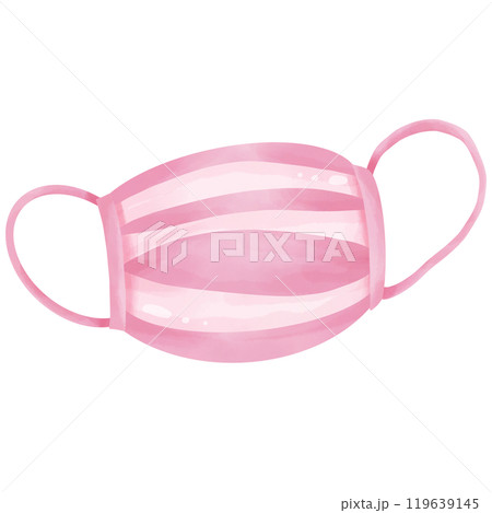 Hand drawn watercolor illustration of a pink medical face mask for use as illustration. 119639145
