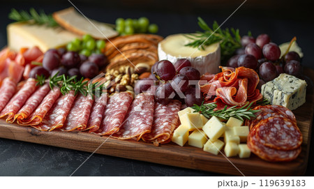 Wooden Platter with Salami, Prosciutto, Gouda, Cheddar, Grapes, Mixed Nuts, and Crusty Bread 119639183