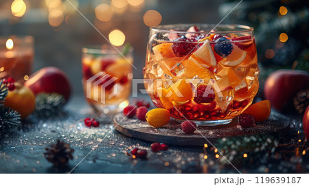 Festive Party Table with a Large Bowl of Fruit Punch and Glasses Filled with Colorful Punch, Garnished with Fruit Slices 119639187