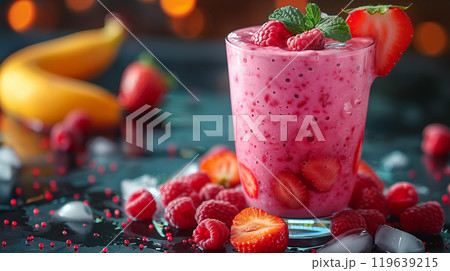 Close-up of a Fruit Smoothie with Banana, Strawberry, and Raspberry Close-up of a Fruit Smoothie with Banana, Strawberry, and Raspberry 119639215