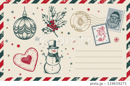 Christmas mail, postcard, hand drawn illustration. Christmas mail, postcard, hand drawn illustration. 119639271