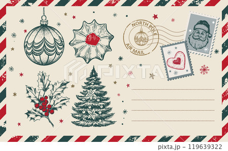 Christmas mail, postcard, hand drawn illustration.	 119639322