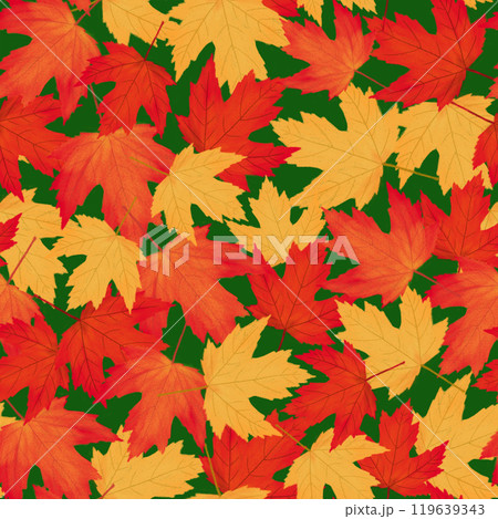 紅葉したメイプルの葉を敷きつめた手描きのシームレスパターン 紅葉したメイプルの葉を敷きつめた手描きのシームレスパターン 119639343