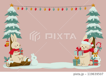 クリスマスを楽しむサンタの森のうさぎたちの手描きフレーム_背景あり 119639507