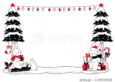 クリスマスを楽しむサンタの森のうさぎたちのシンプルな手描きフレーム 119639508