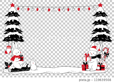 クリスマスを楽しむサンタの森のうさぎたちのシンプルな手描きフレーム 119639508