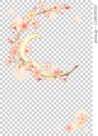 白蛇と桜の飾り枠の巳年の年賀状　縦　手描き色鉛筆画 119639587