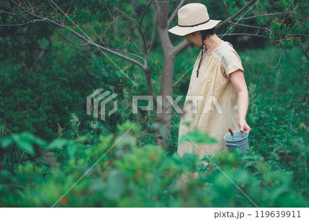 お花農園の花摘みに向かう女性 119639911