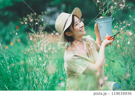 お花畑でサポナリアを摘む女性 119639936
