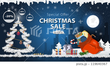 Banner special offer Christmas sale a large bag of Santa Claus gifts next to a festive fir tree in the snow Banner special offer Christmas sale a large bag of Santa Claus gifts next to a festive fir tree in the snow 119640367