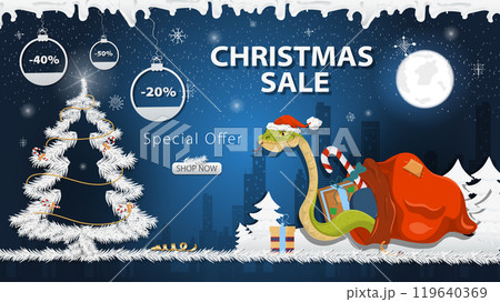 Banner special offer Christmas sale A snake in a Santa hat crawls out of a bag of gifts next to a festive fir tree in the snow 119640369