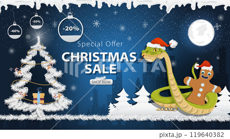 Banner special offer Christmas sale A snake in a Santa hat Wraps around a gingerbread man next to a festive fir tree in the snow Banner special offer Christmas sale A snake in a Santa hat Wraps around a gingerbread man next to a festive fir tree in the snow 119640382