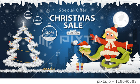 Banner special offer Christmas sale A snake Wraps around a girl on skates next to a festive fir tree in the snow 119640385