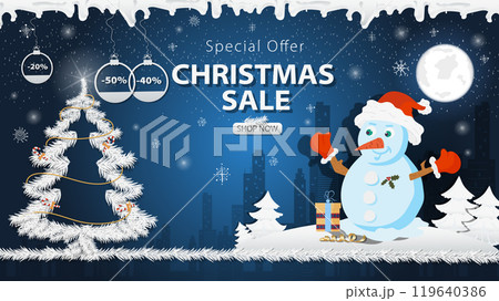 Banner special offer Christmas sale A snowman in a Santa Claus hat next to a festive fir tree in the snow 119640386
