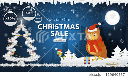 Banner special offer Christmas sale An owl in a Santa Claus hat next to a festive fir tree in the snow 119640387