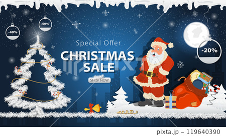 Banner special offer Christmas sale Santa Claus with a large bag of gifts next to a festive fir tree in the snow 119640390