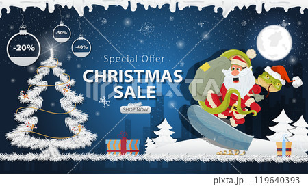 Banner special offer Christmas sale Snake and Santa Claus on a snowboard next to a festive fir tree in the snow Banner special offer Christmas sale Snake and Santa Claus on a snowboard next to a festive fir tree in the snow 119640393