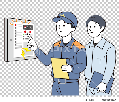 消防検査で受信機を確認する消防士と作業員男性 119640462