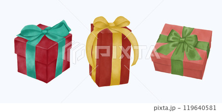 Cute Watercolor Christmas Gift Illustration. Festive Holiday Present Art for Seasonal Decor. Hand Drawn Adorable Christmas Gift Design 119640581