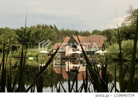of a residential building with a cafe-restaurant by the river in the forest 119640754