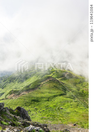 三俣蓮華岳から巻道を見下ろす 北アルプスの黒部五郎岳の登山 三俣蓮華岳から巻道を見下ろす 北アルプスの黒部五郎岳の登山 119641084