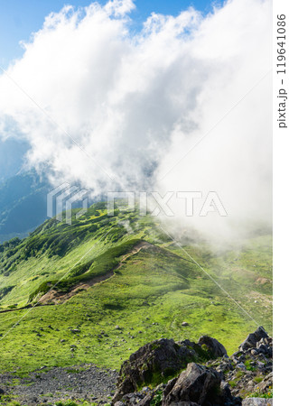三俣蓮華岳から巻道を見下ろす　北アルプスの黒部五郎岳の登山 119641086