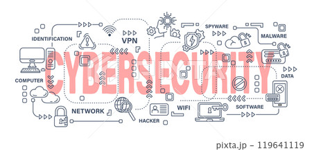 Cybersecurity . Word with outline icon art banner style . Editable stroke . Vector . Cybersecurity . Word with outline icon art banner style . Editable stroke . Vector . 119641119