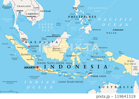Indonesia, a country in Southeast Asia and Oceania, political map. Republic and archipelago with capital Jakarta, and the largest islands Sumatra, Java, Sulawesi, and parts of Borneo and New Guinea. Indonesia, a country in Southeast Asia and Oceania, political map. Republic and archipelago with capital Jakarta, and the largest islands Sumatra, Java, Sulawesi, and parts of Borneo and New Guinea. 119641319