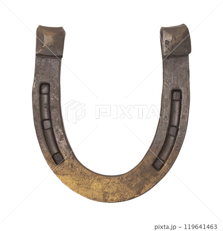 Metal horseshoe with weathered and rustic finish, isolated on white background. Vintage look. It's classic symbol of luck and protection, home decor or talisman for good fortune. Top view, flat lay. Metal horseshoe with weathered and rustic finish, isolated on white background. Vintage look. It's classic symbol of luck and protection, home decor or talisman for good fortune. Top view, flat lay. 119641463