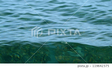 Pebble Beach And Salt Water. Nature Composition. Beach Stones And Sea Water Glittering In Sunlight. Still. 119642375