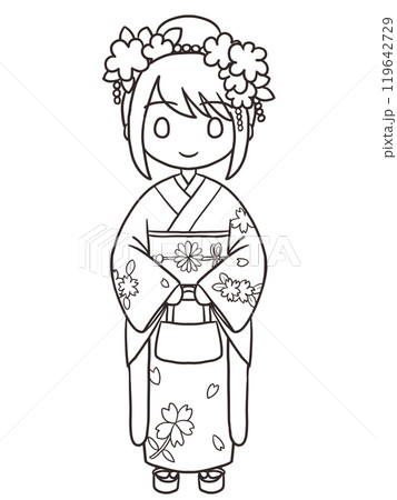 着物を着た女性の線画 着物を着た女性の線画 119642729