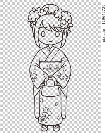 着物を着た女性の線画 着物を着た女性の線画 119642729
