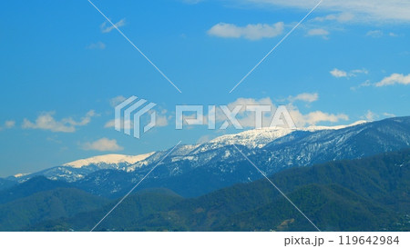 White Clouds In Snowy Mountains. Beautiful Panoramic Landscape. Blue Sky With White Clouds. Real time. 119642984