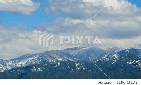 Panorama Of The Snow-Capped Mountains At Day. Snowy Mountain Peaks, Winter Landscape. Timelapse. 119643138