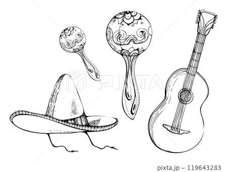Mexican symbols sombrero hat, acoustic guitar maracas mariachi musical instruments, floral ornament decoration. Hand drawn ink vector isolated illustration set. Travel vacation, folk concert brochure Mexican symbols sombrero hat, acoustic guitar maracas mariachi musical instruments, floral ornament decoration. Hand drawn ink vector isolated illustration set. Travel vacation, folk concert brochure 119643283