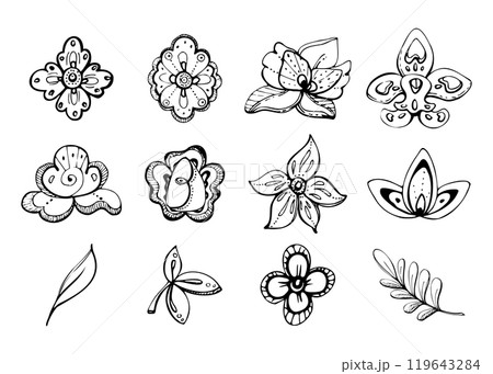 Floral lace embroidery exotic orchid rose traditional flowers and leaves, folk ethnic stylized. Hand drawn ink vector isolated illustration set. Travel, paper, scrapbooking, wedding design, decoupage Floral lace embroidery exotic orchid rose traditional flowers and leaves, folk ethnic stylized. Hand drawn ink vector isolated illustration set. Travel, paper, scrapbooking, wedding design, decoupage 119643284