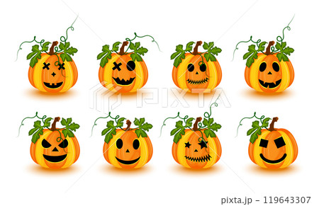 Set of Halloween pumpkins with different faces isolated on white background. vector illustration 119643307