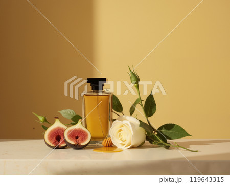 Editorial Still Life Image of Perfume Bottle with Fig Dripping Honey Surrounded by White Roses and Creative Greenery on Stone Table Editorial Still Life Image of Perfume Bottle with Fig Dripping Honey Surrounded by White Roses and Creative Greenery on Stone Table 119643315