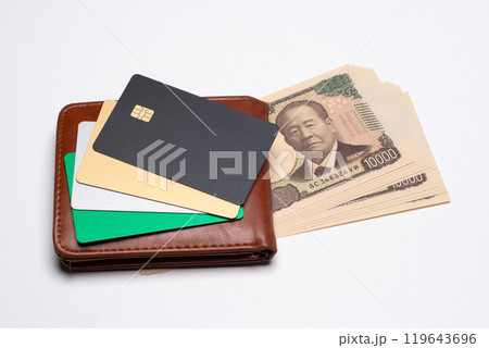 財布と一万円札と各色のクレジットカード 119643696