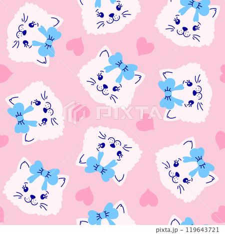 Seamless pattern with cat faces and hearts  119643721
