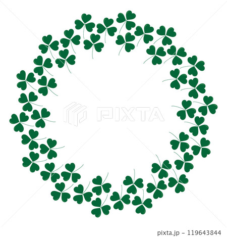 Trefoil Clover leaves Circle Frame border in trendy monochrome green. St Patrick Greeting template 119643844