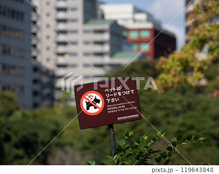 ペットの放し飼いを禁止する看板【ペットにリードをつけてください】 119643848