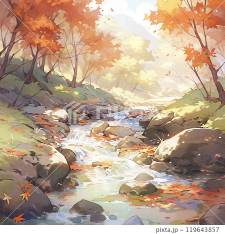 山の中の紅葉と小川の秋景色　AI画像 119643857