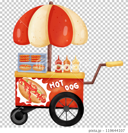 Hand-painted watercolor illustration of a hotdog cart for use as an illustration 119644107