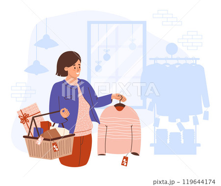 Shopping. Happy woman with pile of gift boxes in shopping cart buys sweater on sale. Interior of store, window, rack with clothes and brickwork. Vector illustration. Female shopper 119644174