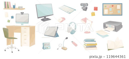 set elements about online learning - keyboard, printer, camera, microphone, tablet, stylus, screen, mouse computer, books, student's desk, lamp, chair 119644361