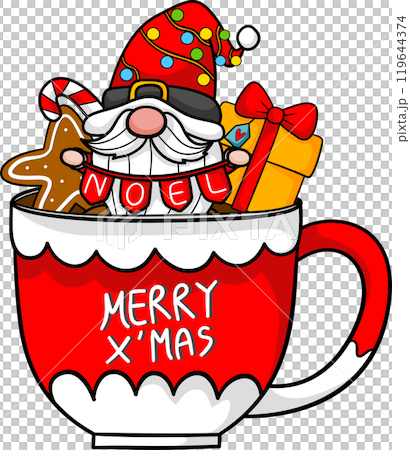 Cute Gnome Cartoon with hot chocolate in Christmas celebration illustration by hand drawn. Cute Gnome Cartoon with hot chocolate in Christmas celebration illustration by hand drawn. 119644374