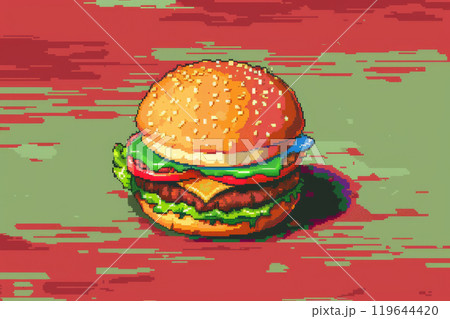 Pixel Art of Tasty Hamburger. Delicious Pixelated Fast Food Burger 119644420